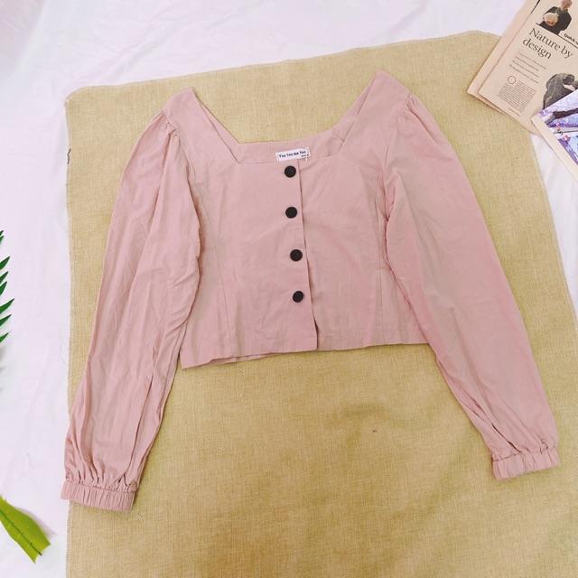 Áo sơmi thô cúc ngực dáng crotop
