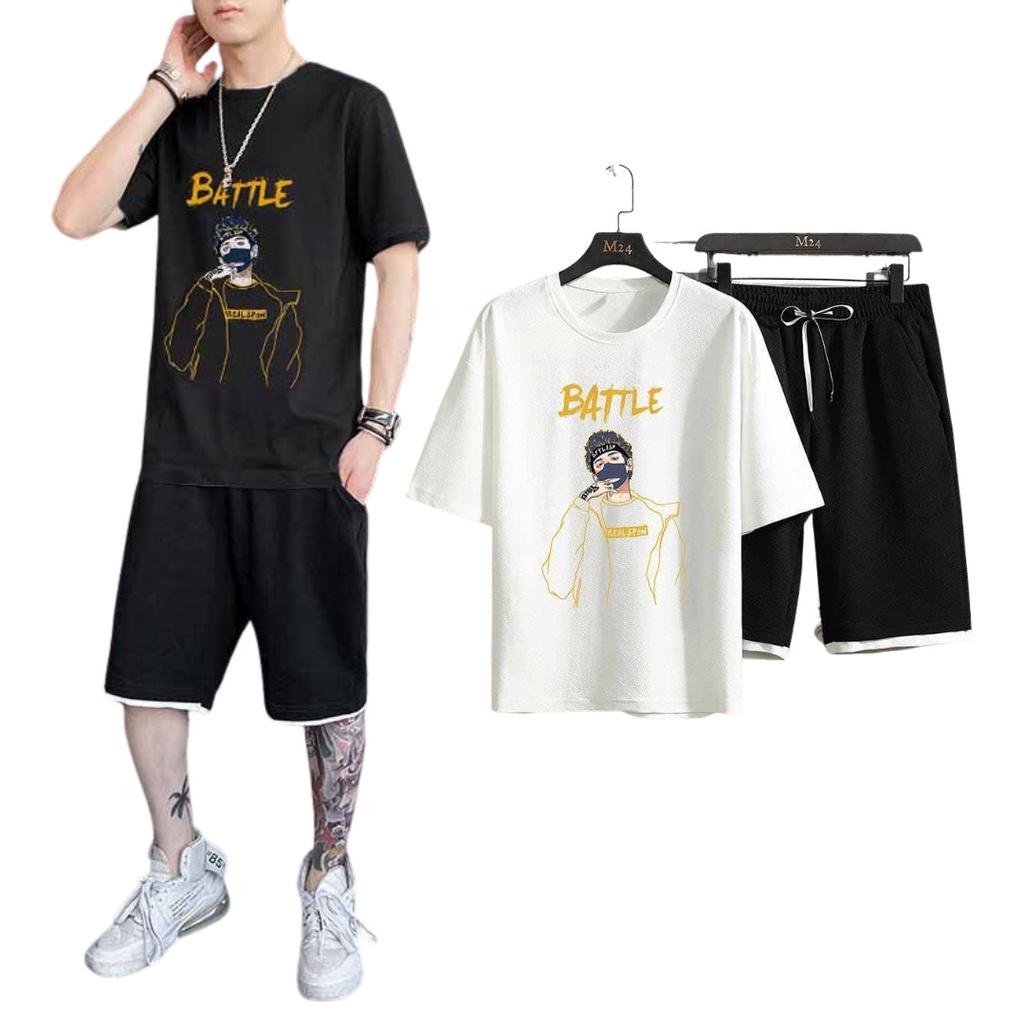 Bộ Đồ Nam Mùa Hè Thể Thao Unisex Quần Short Áo Thun Họa Tiết In Chữ BATTLE Ulzzang thoitrangnamdt