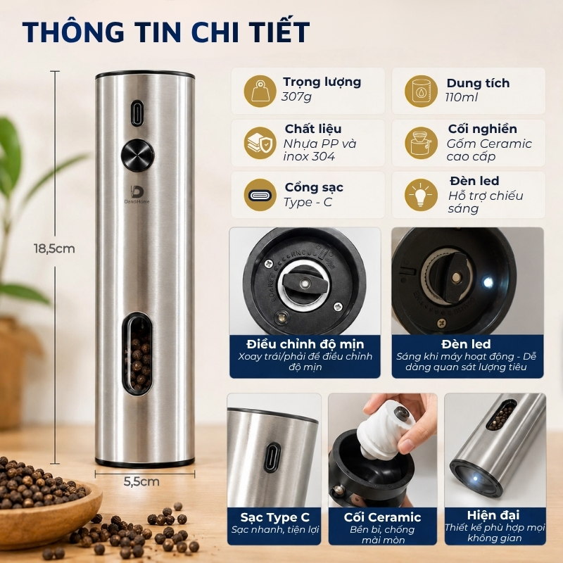 Máy xay gia vị điện DandiHome 110ml - Xay tiêu, muối, điều chỉnh độ mịn, sạc pin Type-C -  ‌Hàng chính hãng Dandihome