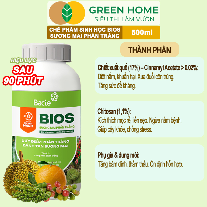 Chế Phẩm Sinh Học Bacte Bios Sương Mai Phấn Trắng, Green Home, Chai 500ml, Từ Thảo Mộc, Hiệu Lực Nhanh Mạnh