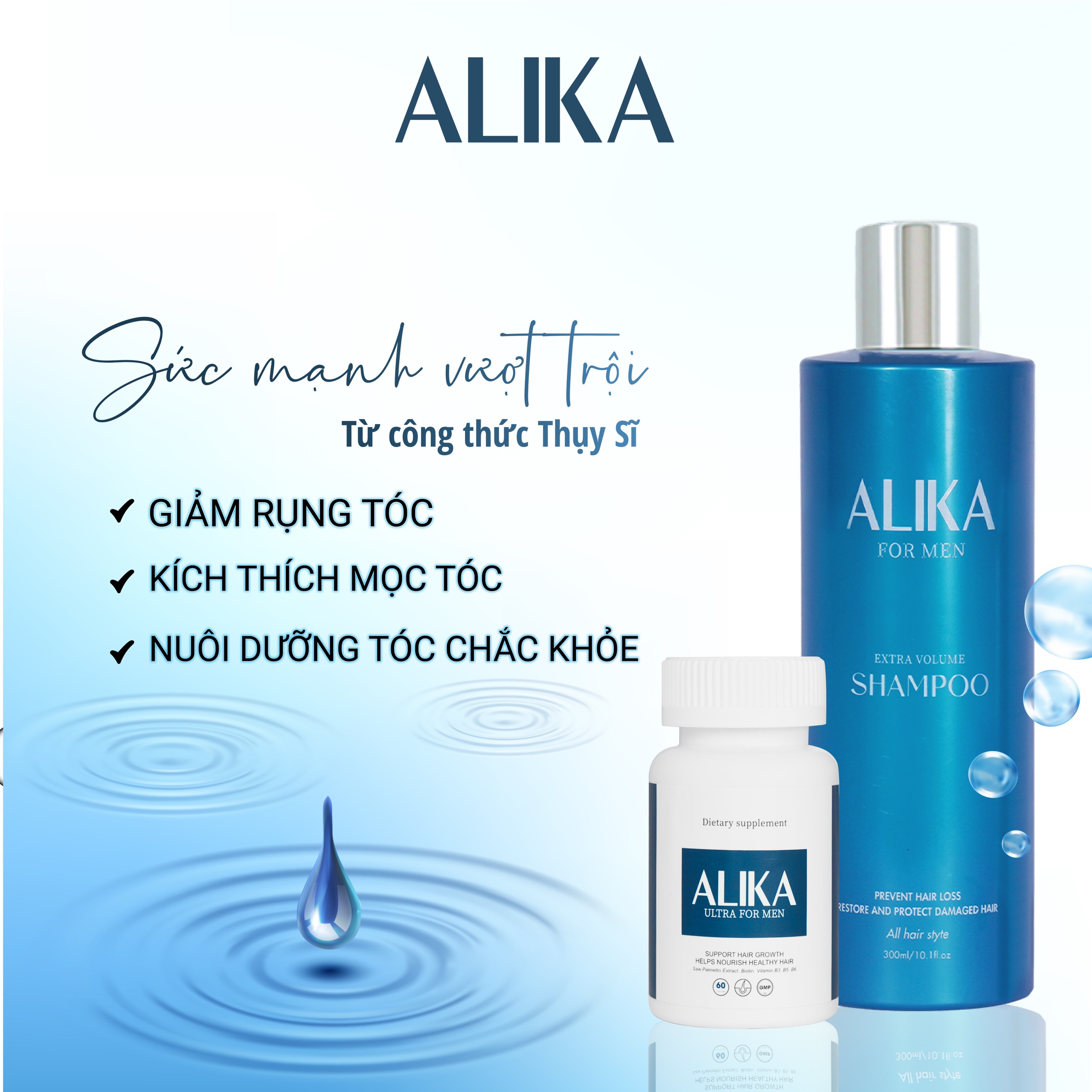 Bộ sản phẩm dầu gội chăm sóc tóc, giúp giảm rụng Alika For Men+ 300ml và viên uống hỗ trợ mọc tóc nhanh 60 viên