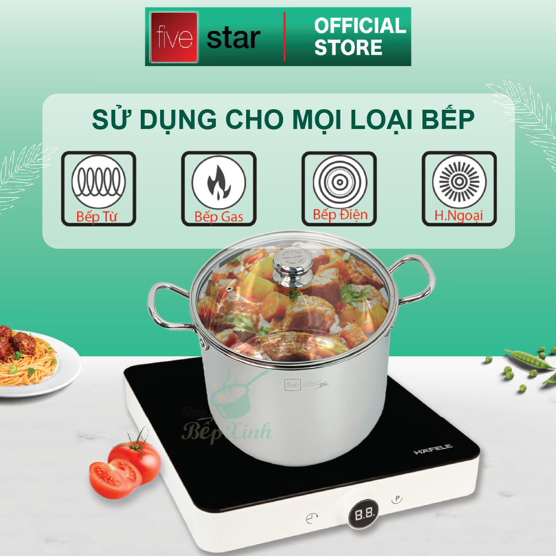 Nồi luộc gà inox 304 cao cấp Fivestar Plus 28cm nắp kính , 3 đáy dùng được bếp gas , hồng ngoại