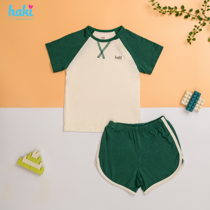 Bộ quần áo mùa hè cộc tay phối màu cổ tròn vải Bamboo cao cấp siêu mềm mịn cho bé, set sơ sinh cho bé từ 3 tháng - 3 tuổi chất liệu sợi tre HAKI (4-15kg), quần áo hè cho bé trai bé gái BB048
