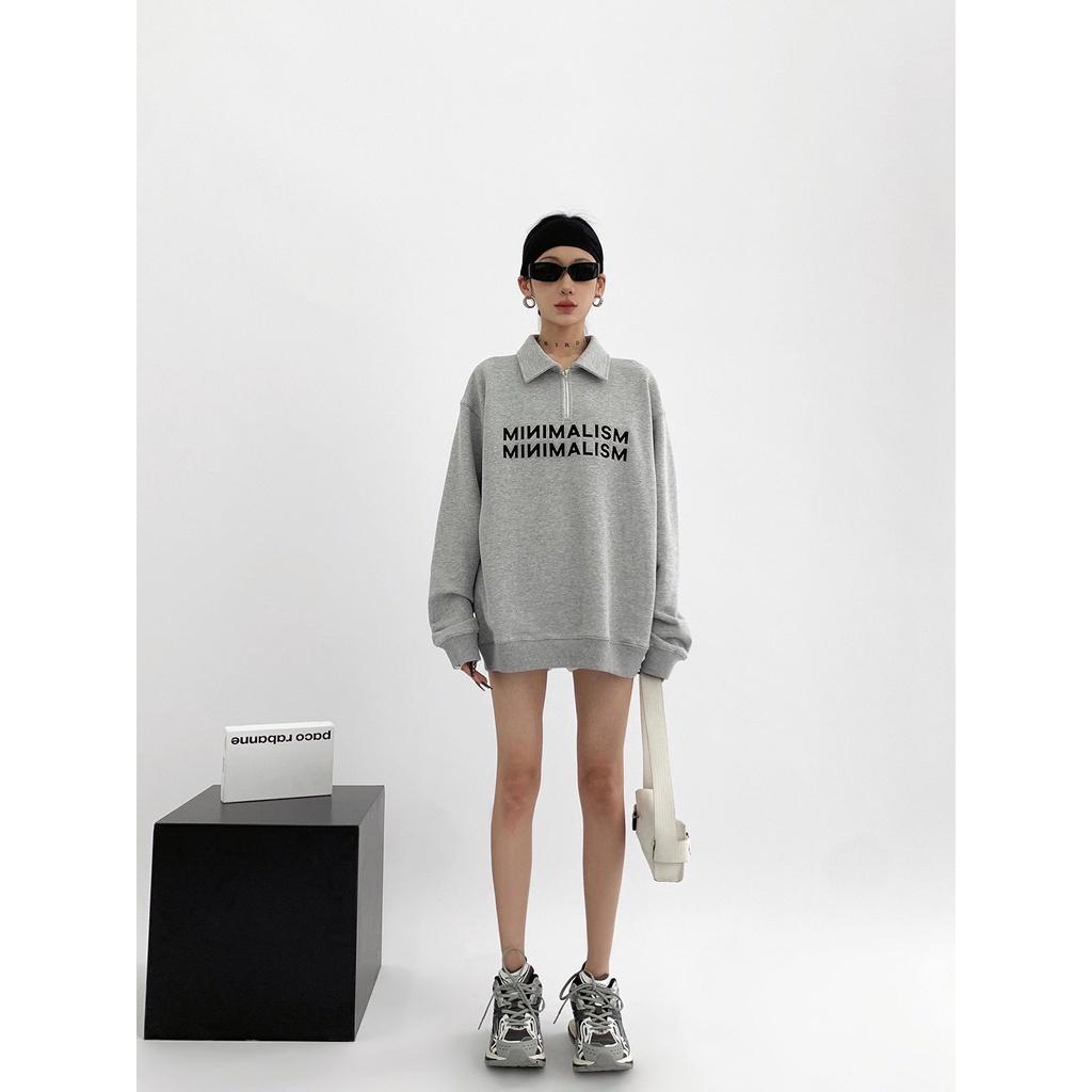 Áo Sweater Zip Gân Cổ Cao Thêu Chữ MINIMALISM Dáng Rộng