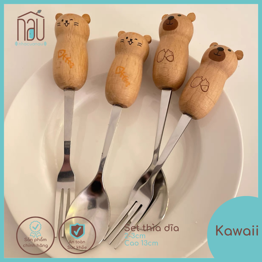 Set 2 Thìa Dĩa/Muỗng Nĩa cho bé từ Gỗ và inox tạo hình thú đáng yêu cho bé tập ăn dặm, trang trí món ăn, chụp ảnh