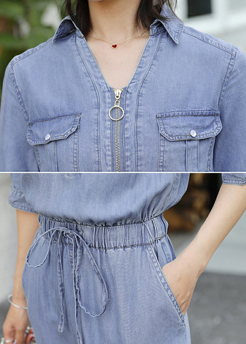Đầm Jean Nữ Thắt Dây Eo Cổ Bẻ Thanh Lịch Form Dài