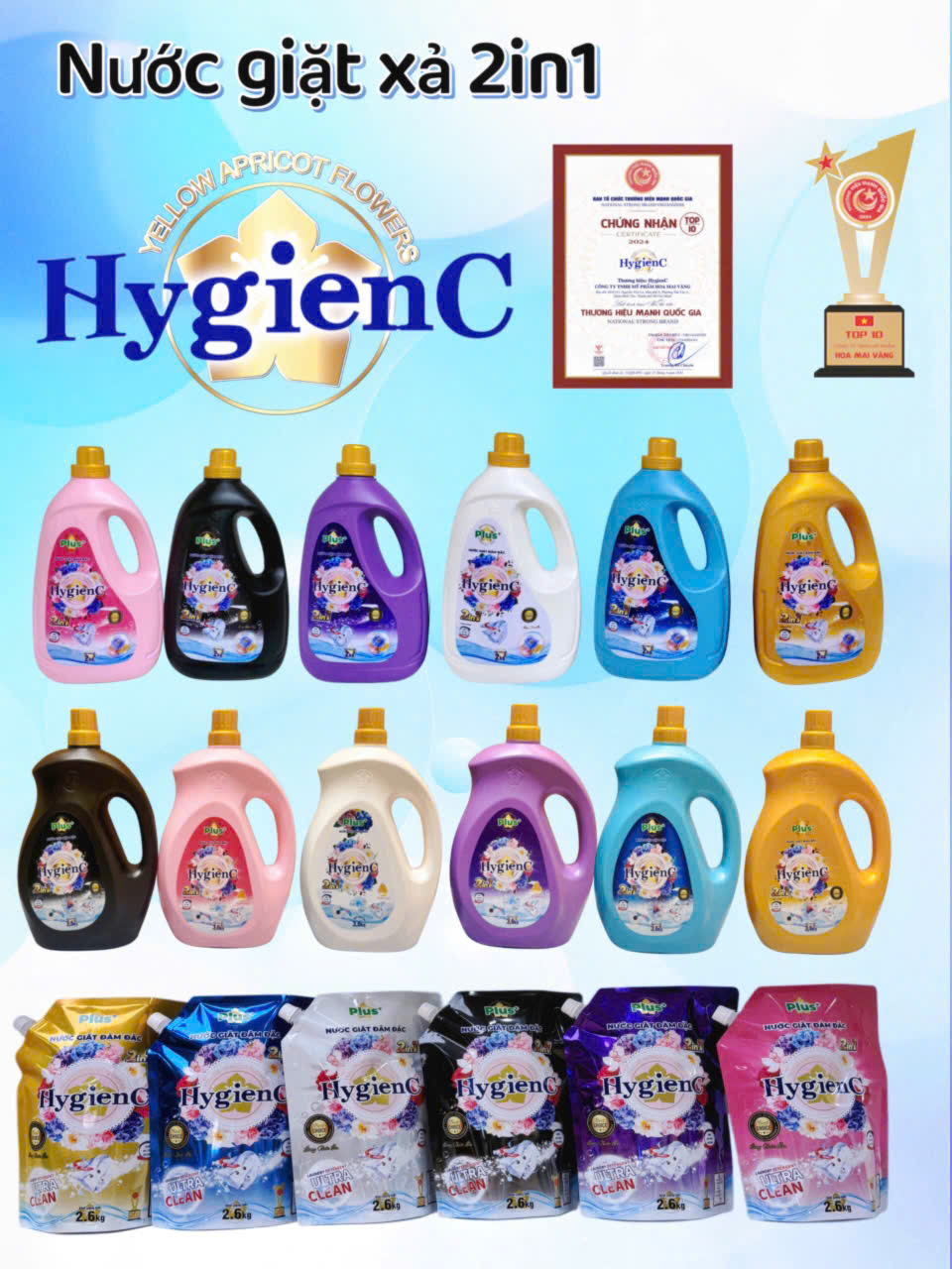 (Tặng 1 chai xịt thơm quần áo 100ml ) COMBO 2 can nước giặt xả 2 in1 HygienC PLUS 2kg, hang VN, Công nghệ thái đậm dặc, bền màu, lưu hương quần áo thơm mát dài lâu Làm Sạch