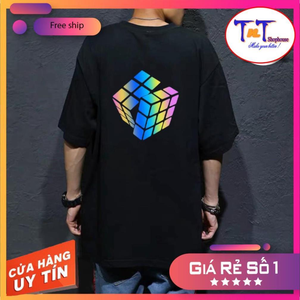 PQ9 Áo Thun Phản Quang Khối Rubik - Áo Unisex Tay Lỡ Nam Nữ Mặc Được - Phản Quang Sáng Đẹp Bền