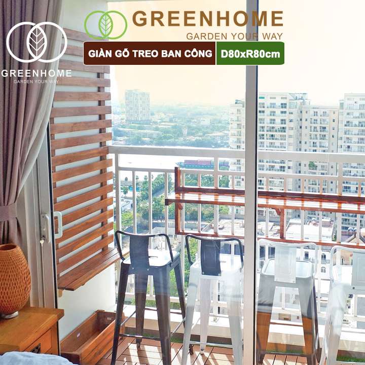 Giàn gỗ treo ban công, Greenhome, R80xC80cm, gỗ tràm siêu bền, màu gỗ, làm khung hoa hồng leo, bông giấy