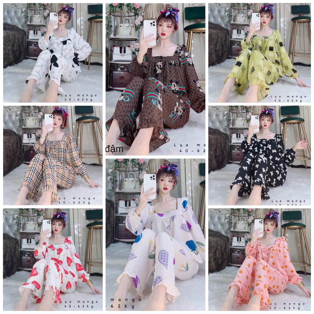 Đồ bộ nữ dài tay cổ vuông pizama lụa mango loại 1 cao cấp dễ thương giá rẻ freesize dưới 62kg MY STORE S56