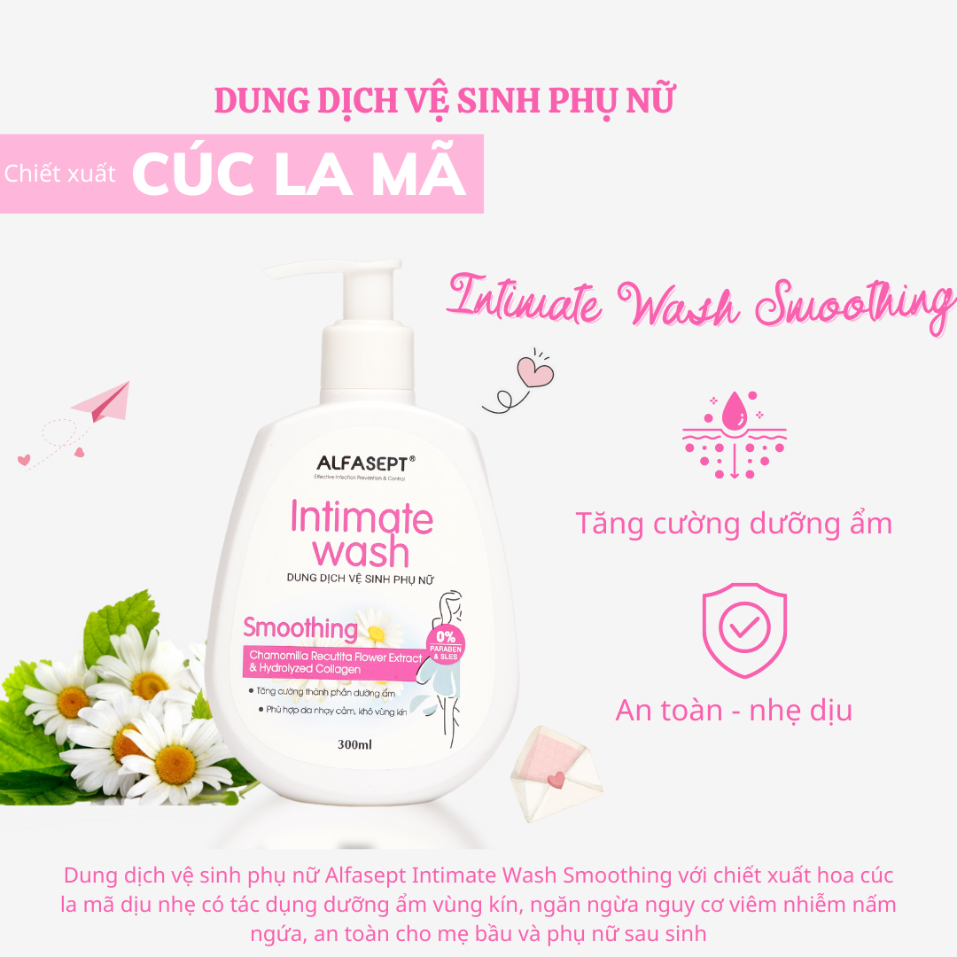 Dung Dịch Vệ Sinh Phụ Nữ Dạng Gel ALFASEPT Intimate Wash Smoothing Chiết Xuất Cúc La Mã Dịu Nhẹ - Tăng Cường Dưỡng Ẩm Chống Khô Rát Chai 150ml/300ml