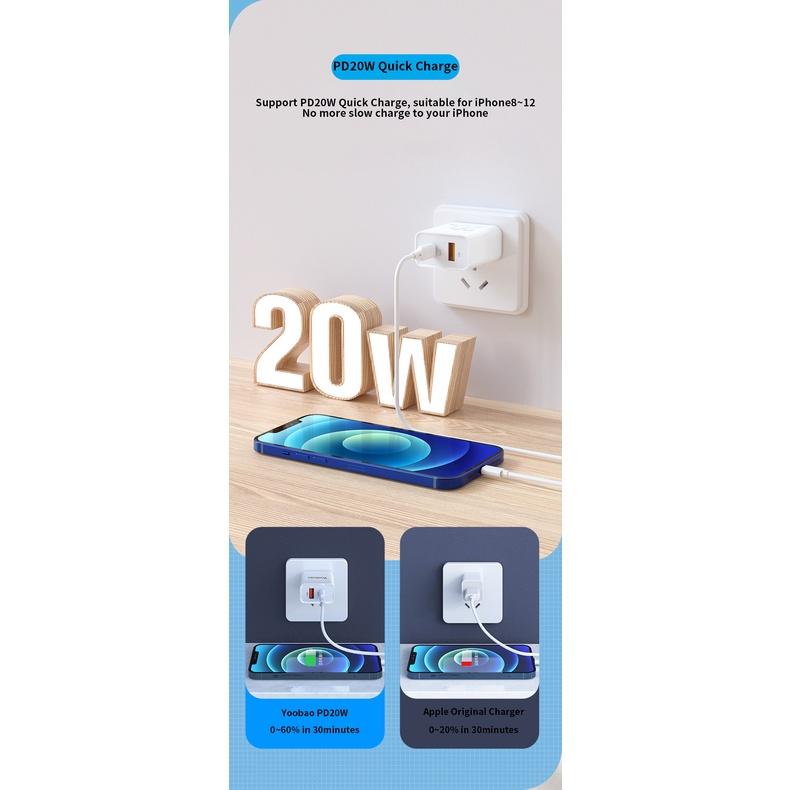 Củ sạc nhanh 20W Yoobao U20 2 cổng sạc Type C + USB - hàng nhập khẩu