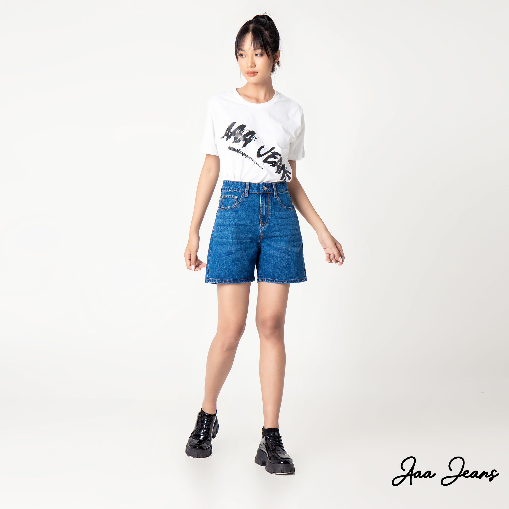 Quần short jean nữ lưng cao regular fit Aaa Jeans Navy Blue