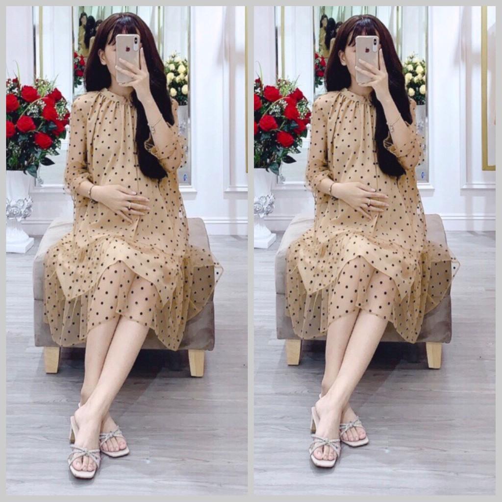 Váy bầu dài taychất cotton siêu mền, siêu mịnkhông xù, không bai mặc đi làm đi chơi đều đượcFree size 40~&lt;68