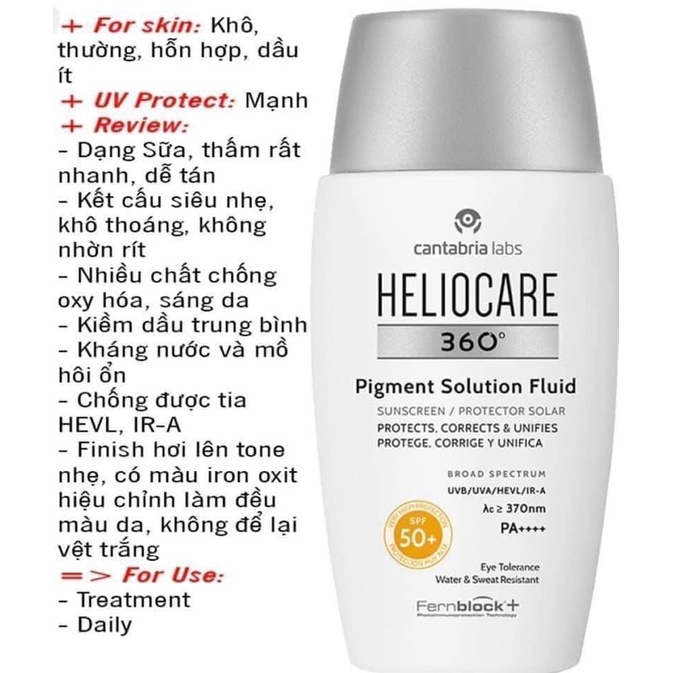 Kem Chống Nắng Heliocare 360º Pigment Solution Fluid SPF50+ Ultraligero Cantabria Labs Tây Ban Nha 50ml TẶNG KÈM MẶT NẠ BUTIQ LAB HÀN QUỐC