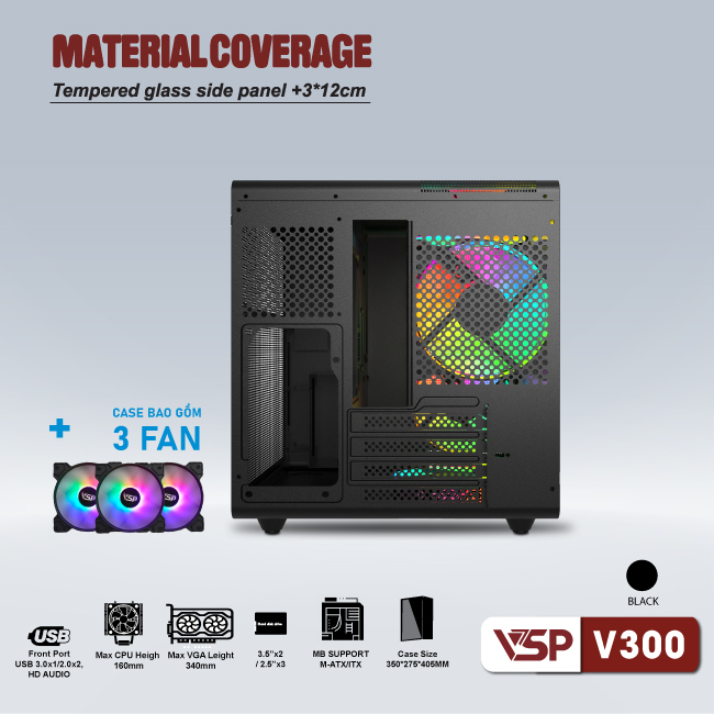 Vỏ máy tính Case VSP V300 [ĐEN] sẵn 3 Fan LED ARGB Gaming Kính cường lực (M-ATX/ ITX) - Hàng chính hãng VSP phân phối