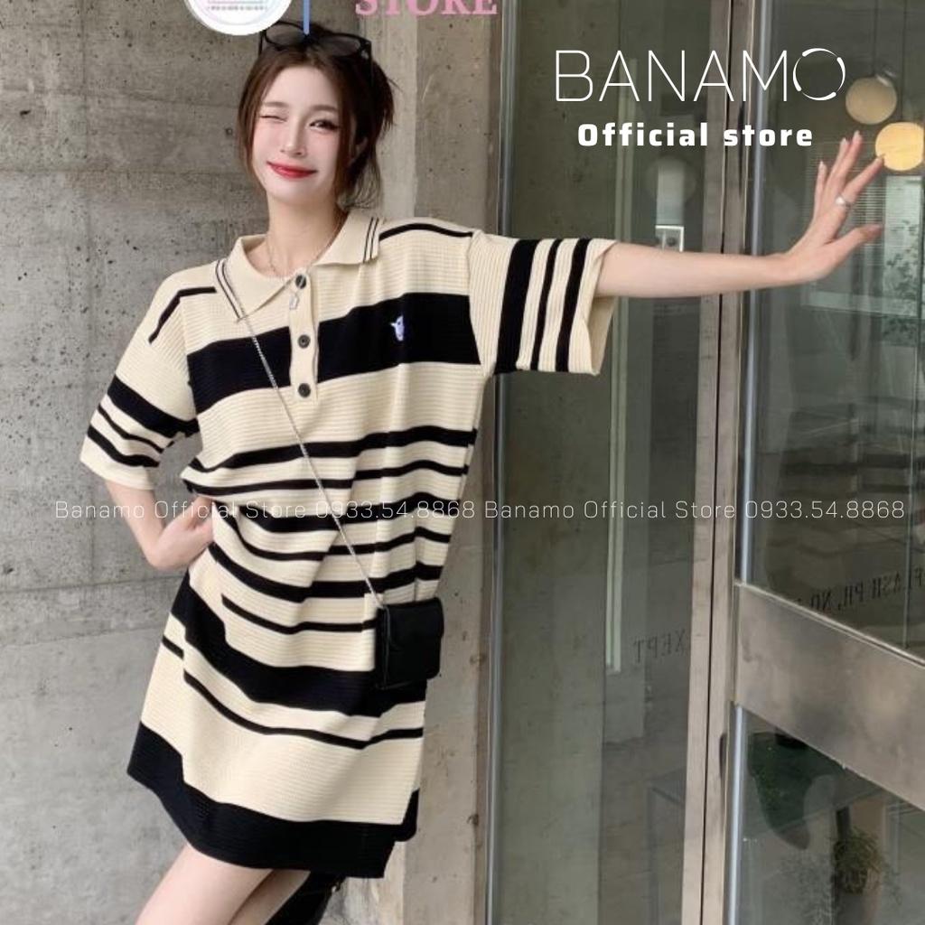 Đầm váy nữ polo dệt kim tay ngắn dáng rộng họa tiết kẻ ngang Thời Trang Banamo Fashion váy kẻ ngang 544