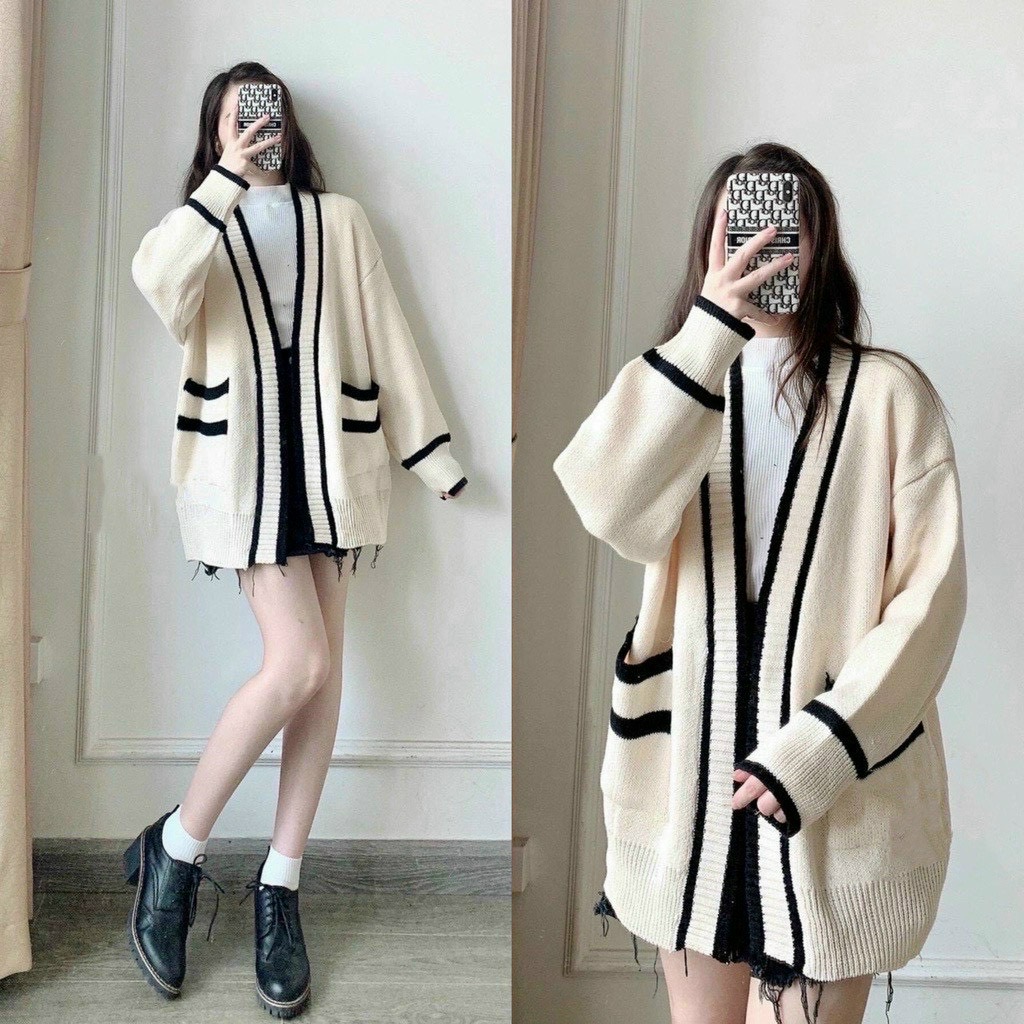 Áo khoác cardigan len viền sọc có túi thơi trang