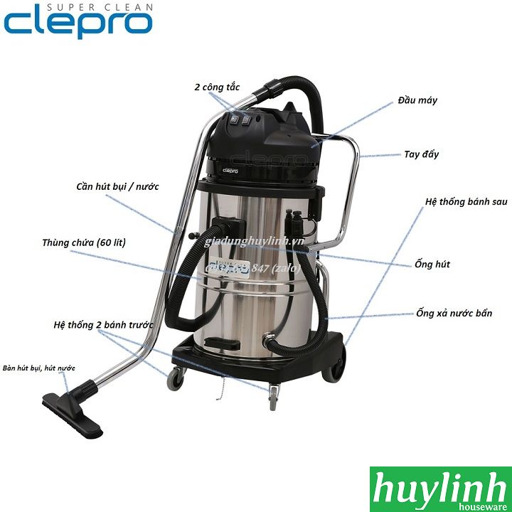 Máy hút bụi công nghiệp khô và ướt Clepro S2/60 - Dung tích 60 lít - Công suất 2400 - 3200W - Có lọc Hepa - Hàng chính hãng