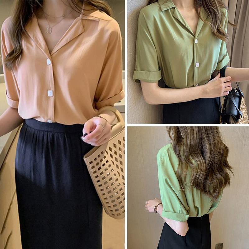Áo sơ mi nữ tay ngắn thiết kế màu trơn phong cách cổ điển