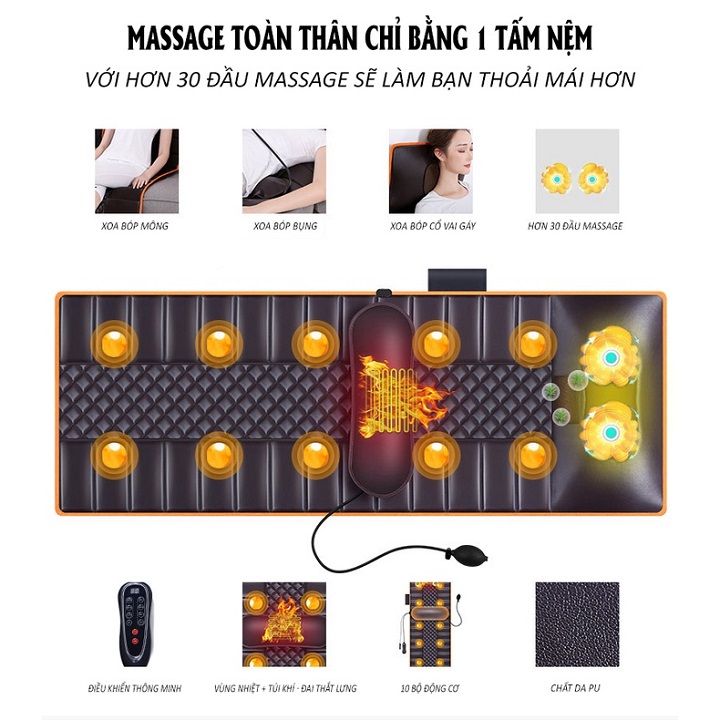 Đệm massage toàn thân Rowanto Nhật Bản Cao cấp Có túi hơi chống nhức mỏi, hỗ trợ giảm đau cơ bắp, thư giãn, giảm stress, lưu thông tuần hoàn máu