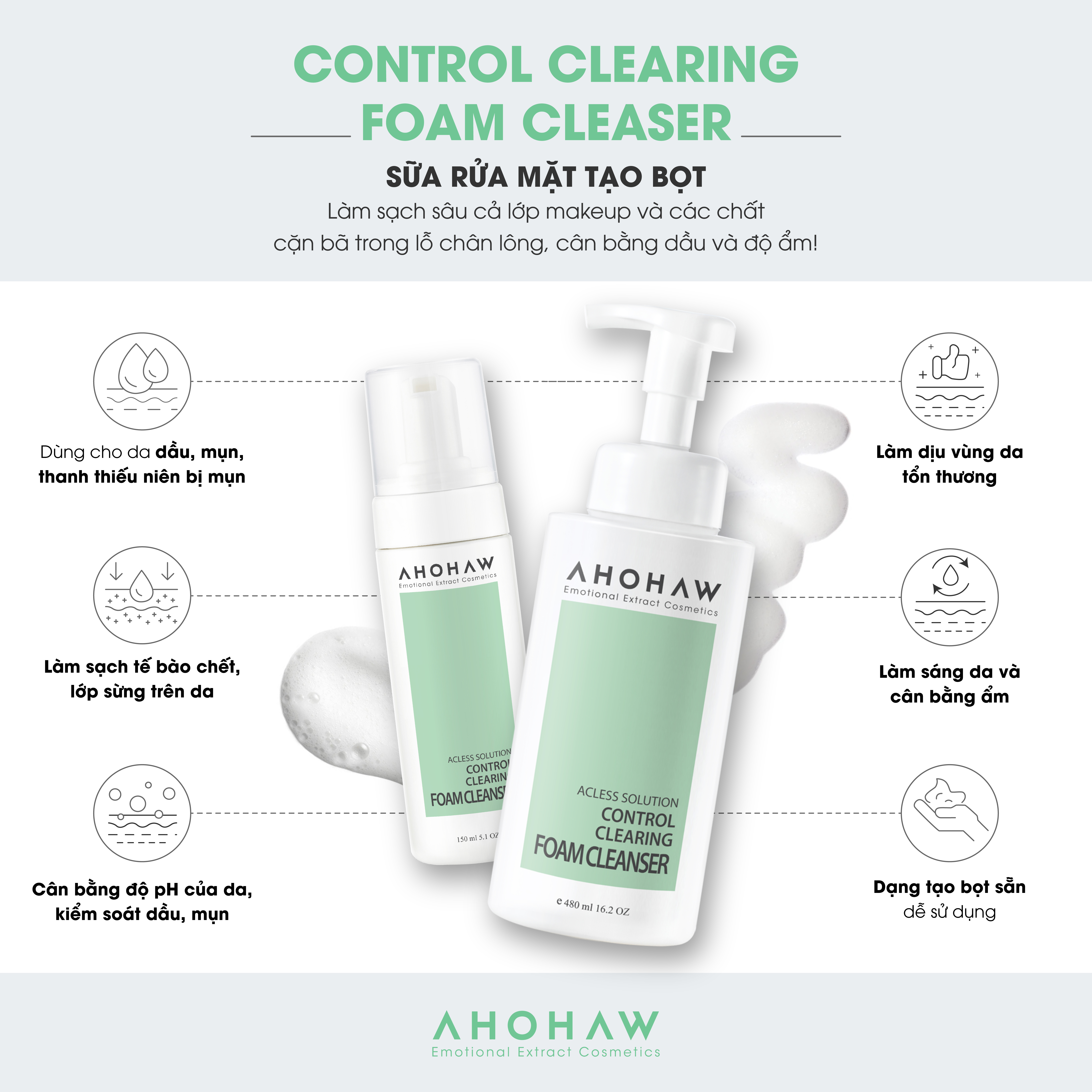 Sữa Rửa Mặt Tạo Bọt Kiềm Dầu Ahohaw Acless Solution - Hàng Chính Hãng