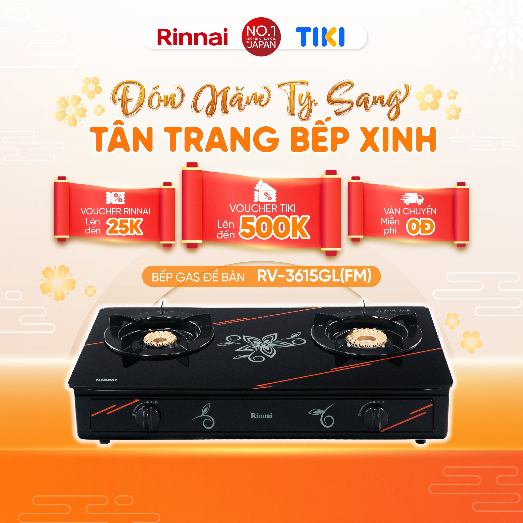 Bếp gas dương Rinnai RV-3615GL(FM) mặt bếp kính và kiềng bếp men - Hàng chính hãng.
