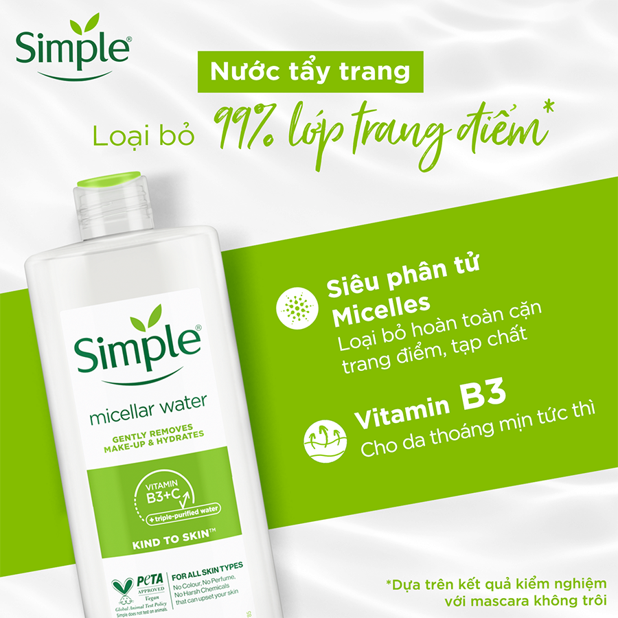 Combo 2 Nước tẩy trang Simple Micellar làm sạch 99% trang điểm, cho da thoáng mịn tức thì 400ml và 200ml