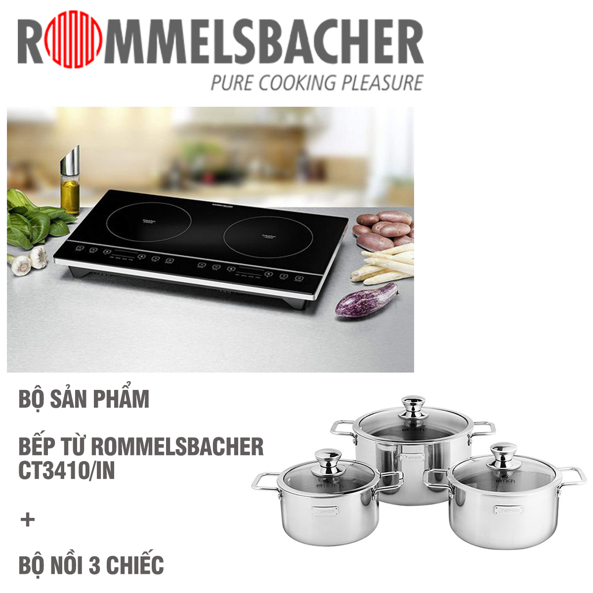 Bộ Sản phẩm Bếp Từ Dương Đôi Rommelsbacher và Bộ Nồi 3 chiếc - Hàng Chính Hãng