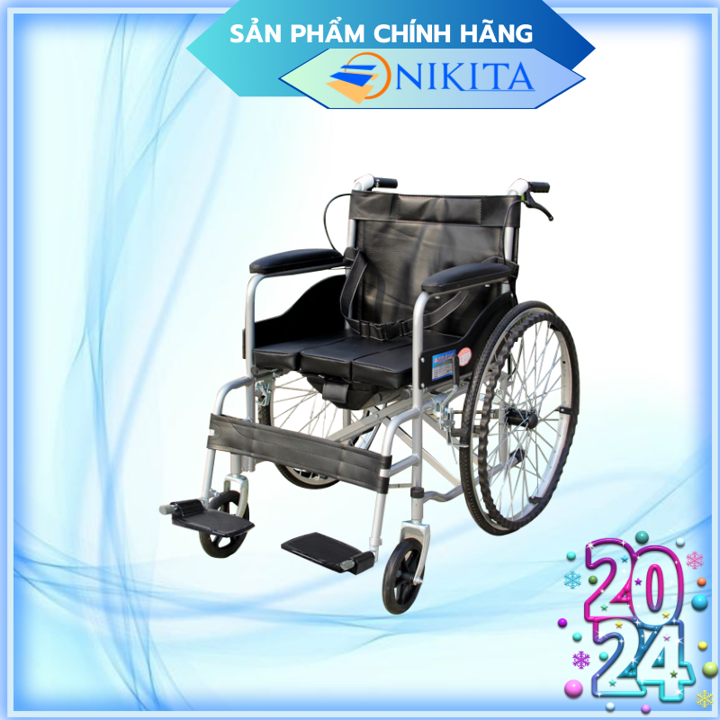 Xe lăn tay có nệm, bô vệ sinh cho người già, người bệnh, người đi lại khó khăn - NIKITA N213-3