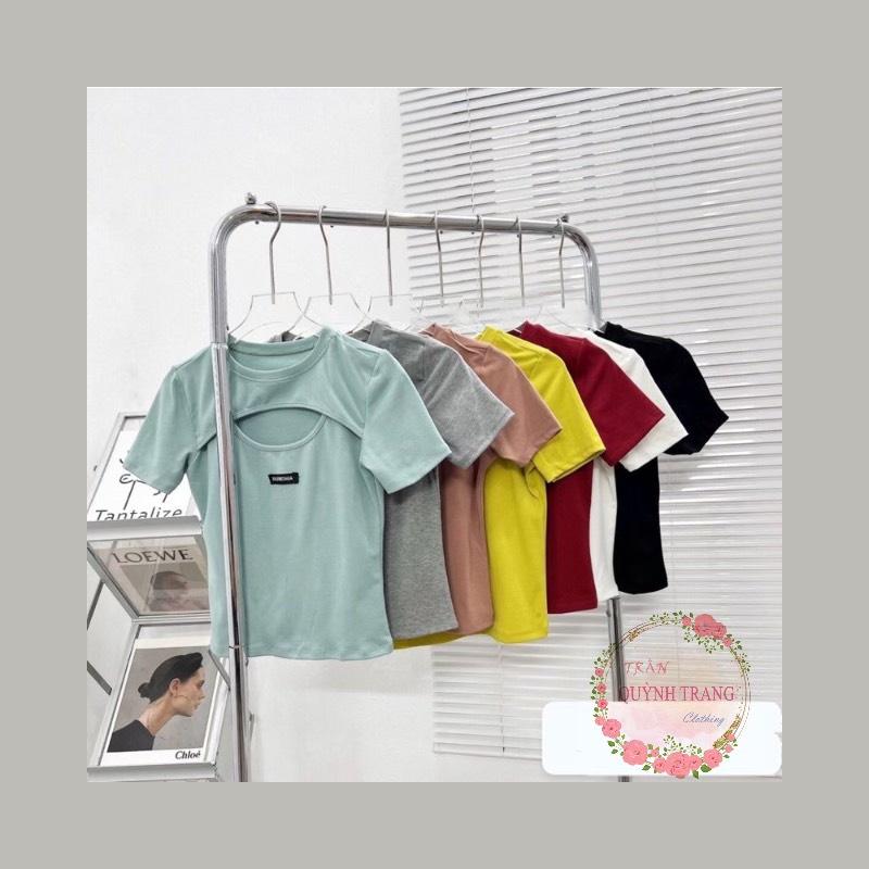 Áo kiểu dáng ôm khoét ngực nữ,áo thun ôm phối logo chữ trước ngựcchất bozip mềm mịn quỳnh trang shop