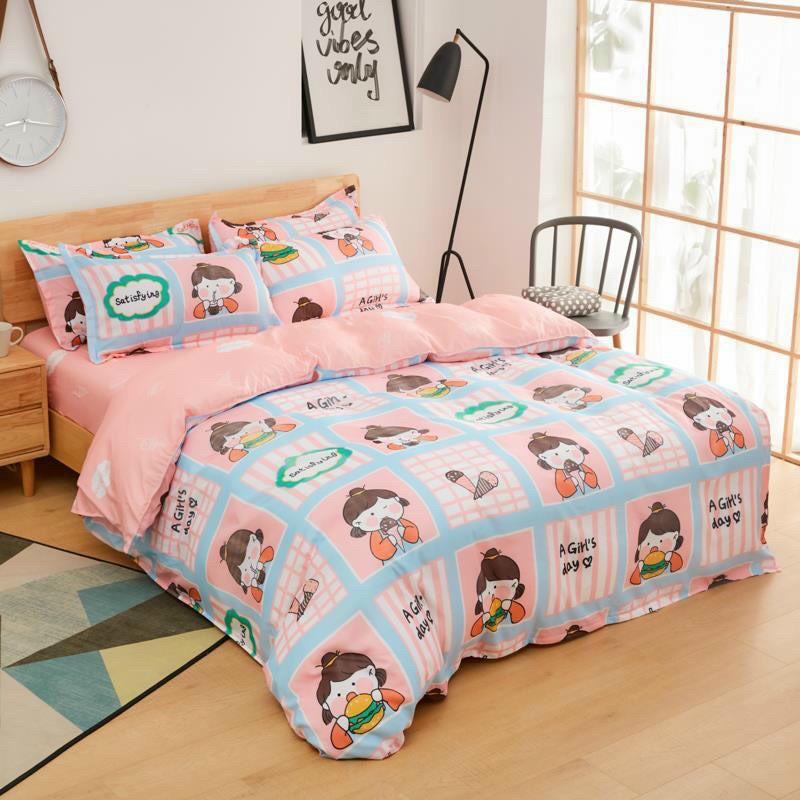 Bộ chăn ga Cotton Poly M2T bedding chăn ga Hàn Quốc họa tiết cô bé ăn kem đủ size miễn phí bo chun