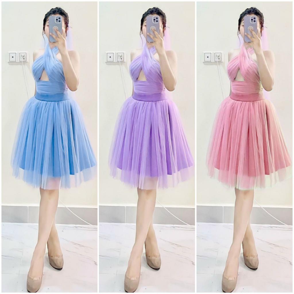 Đầm lưới xoè cổ chéo khoét ngực