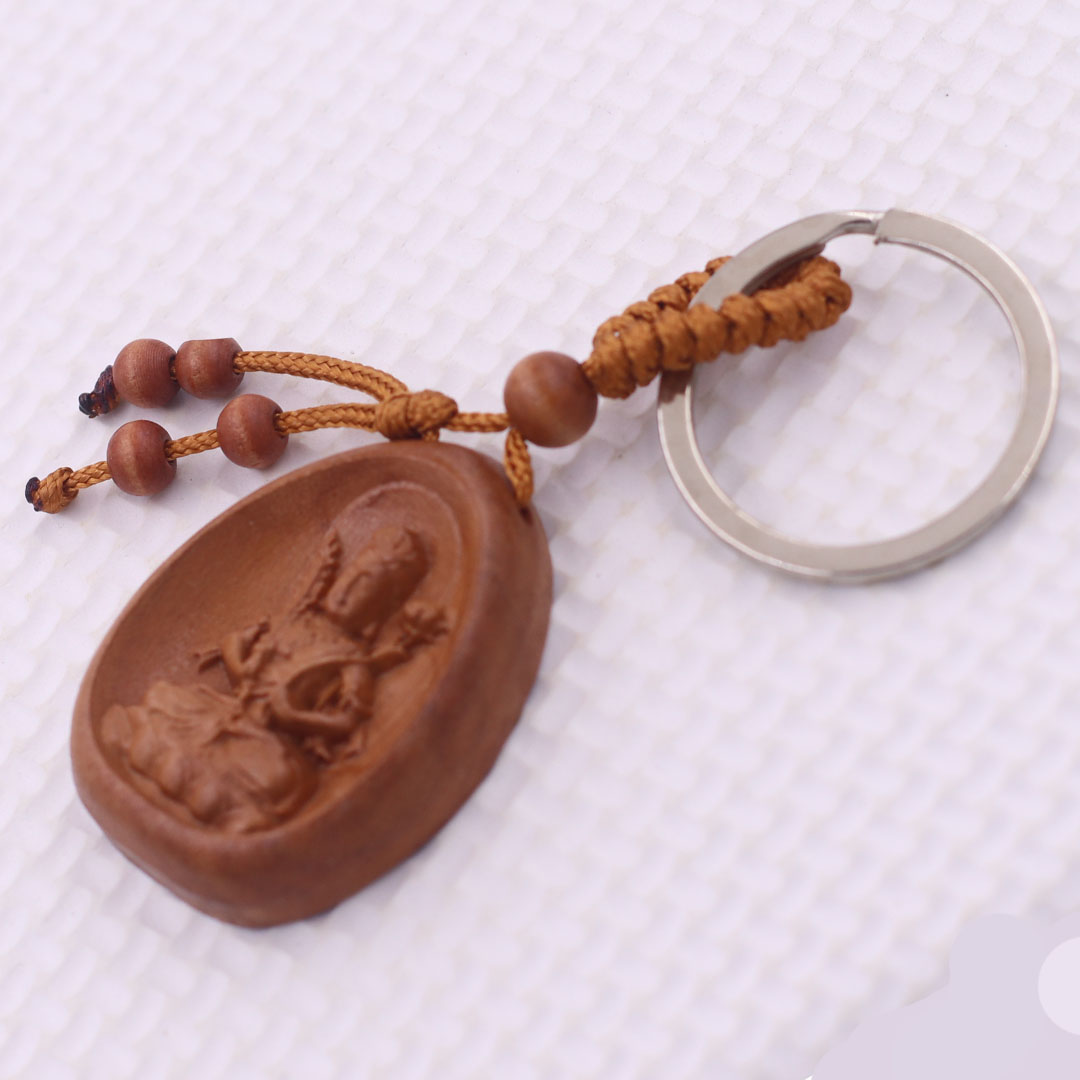 Móc chia khóa Phật Hư không tạng gỗ đào, móc chìa khóa Phật bản mênh