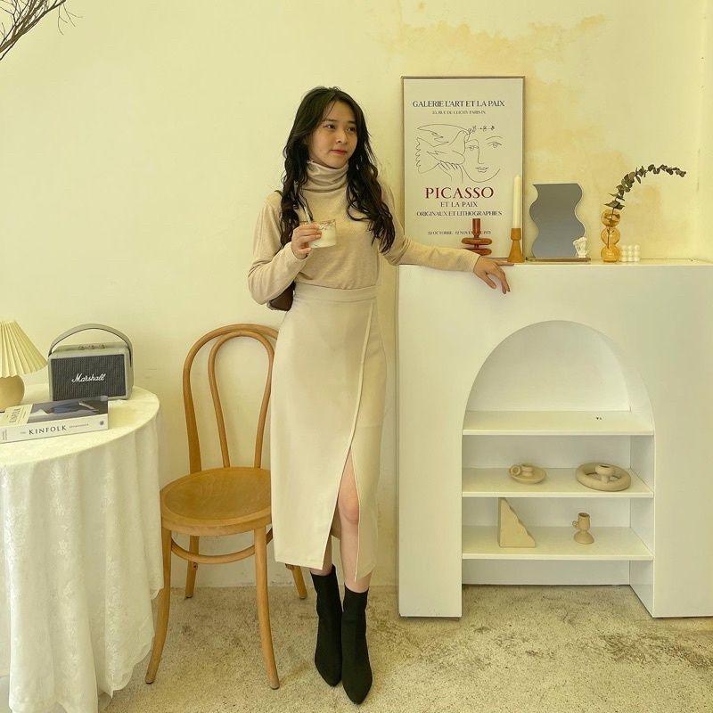 Chân Váy Bút Chì Suông dáng dài 75cm 2 lớp lót xẻ đùi trước thời trang nữ
