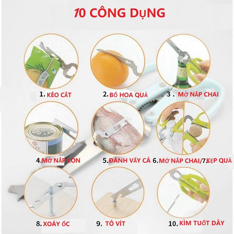 Kéo Đa năng 10 Trong 1 Cắt, Bổ, Mở Nắp Chai, Mở Lon, Kẹp Dây Điện,Đánh Vẩy Cá, Kẹp Quả, Vặn Vít, Nhổ Đinh