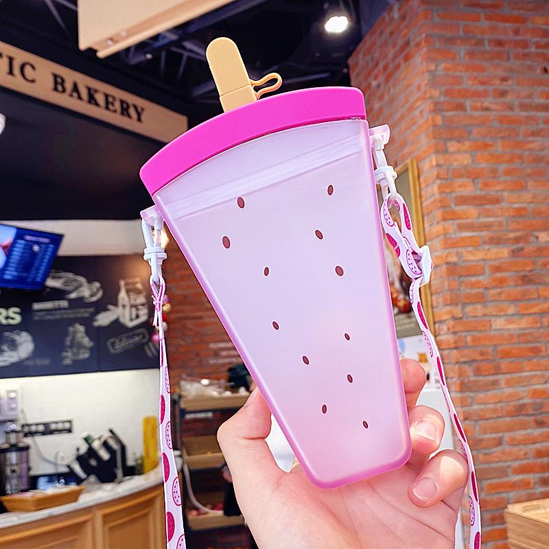 Mùa Hè Nhựa Ống Hút Popsicle Bình Nước Dễ Thương Kem Nước Di Động Trẻ Em Bình Nước Cho Bé Gái Với Dây Đeo Ống Hút