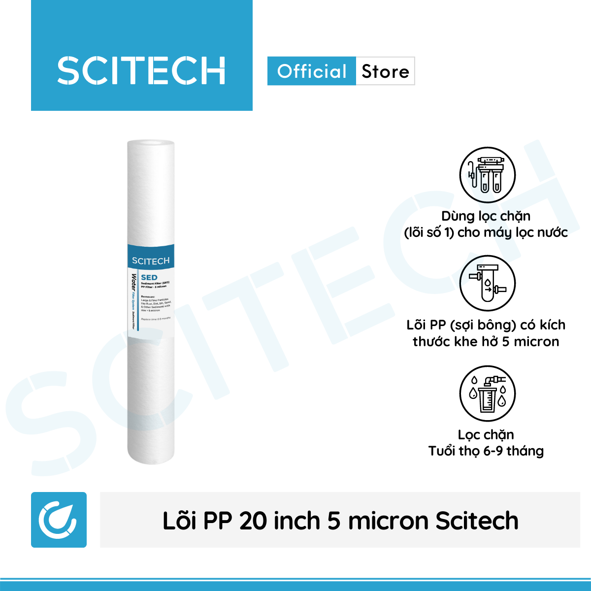 Bộ lõi lọc nước số 1,2,3 (PP-UDF-CTO) 20 inch by Scitech dùng trong máy lọc nước RO, bộ lọc thô - Hàng chính hãng