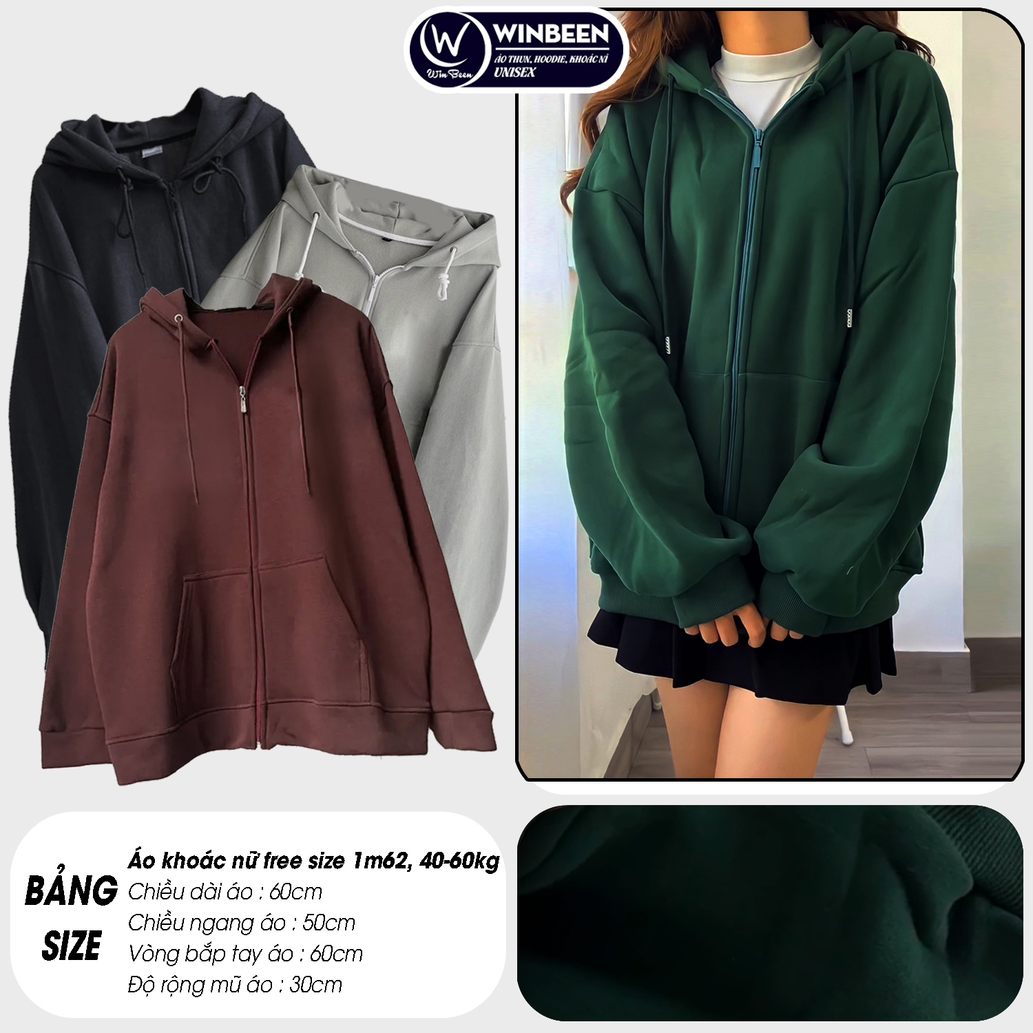 Áo KHOÁC Hoodie TRƠN 4 Màu Nam Nữ Ulzzang Unisex Oversize, Tay Phồng, Mũ 2 lớp dầy WinBeen