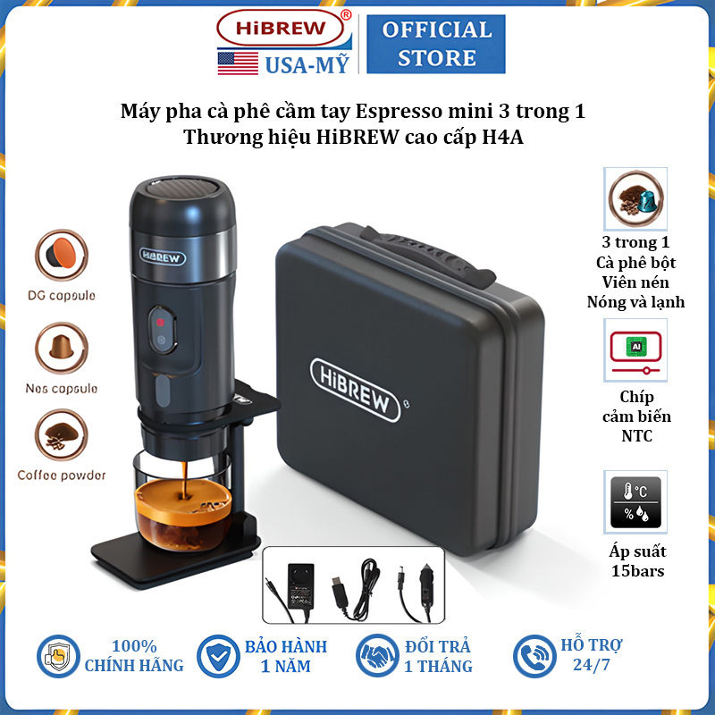 Máy pha cà phê cầm tay Espresso 3 trong 1 thương hiệu HiBREW cao cấp H4A công suất 80W, áp suất 60ml - Hàng chính hãng