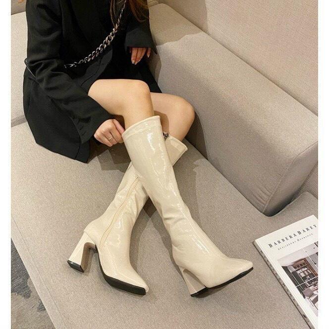 Hàng Loại 1 Boots đùi da bóng, đế vân gỗ cao 7cm sang chảnh cho bạn gái bắp chân nhỏ B009