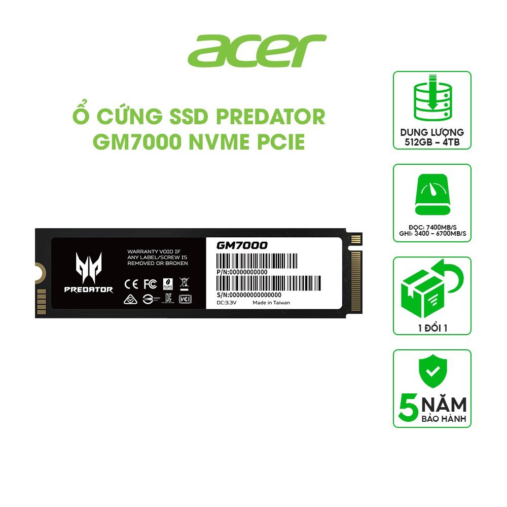 Ổ cứng Acer SSD Predator GM7000 NVMe PCIe Gen4 Gaming Tốc độ đọc 7400 MB/s - HÀNG CHÍNH HÃNG Bảo hành 5 năm