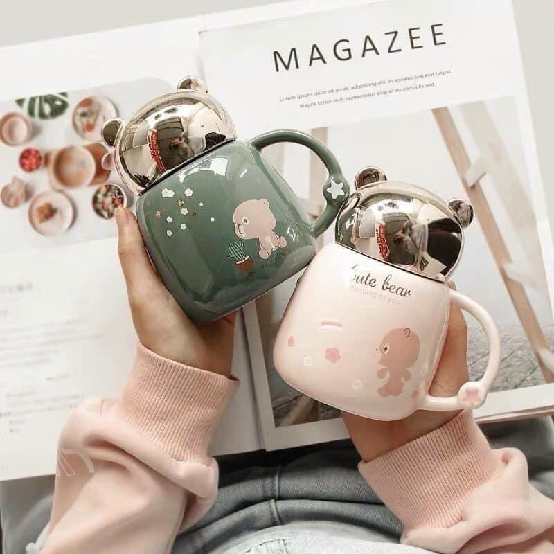 Cốc giữ nhiệt,Cốc sứ uống sữa uống cafe có tay cầm hình gấu siêu dễ thương có nắp đậy tiện dụng