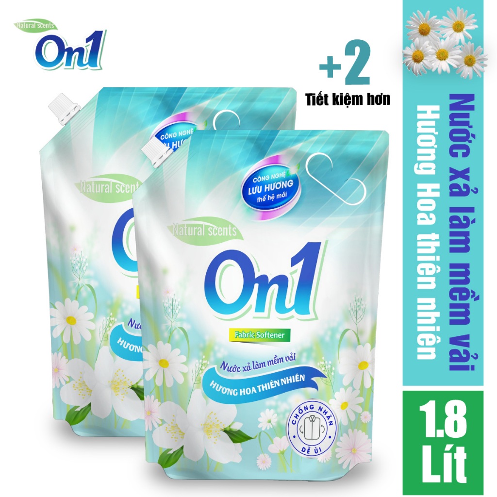 COMBO 2 chai nước xả vải On1 hương hoa thiên nhiên (2 túi x 1.8 lít) L17901