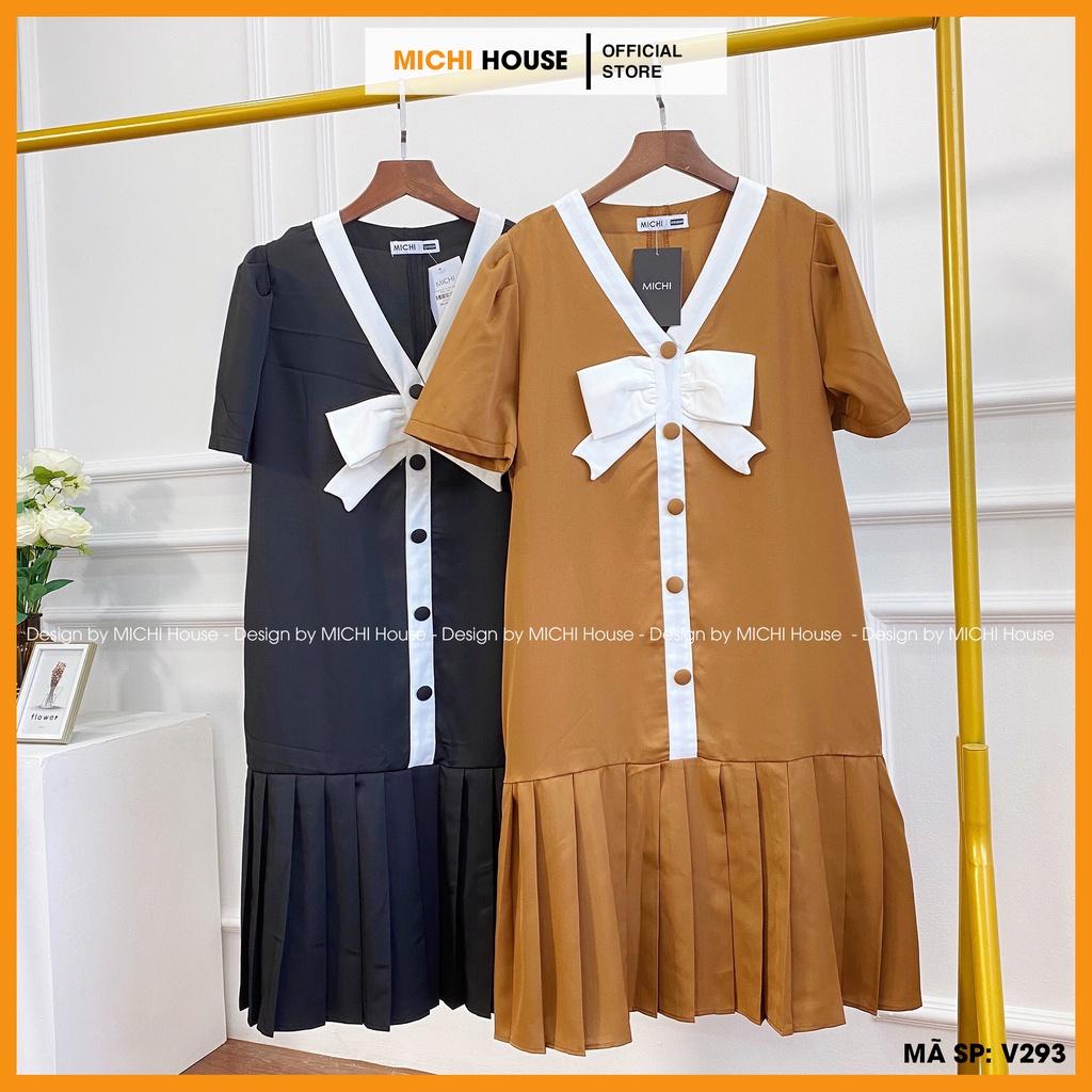Váy Suông Rộng Thiết Kế Màu Đen, Nâu Cam V293 MICHI House Đầm Xuông Ngắn Tay Cổ V Nơ Bèo Dễ Mặc Bầu Xinh Thoải Mái