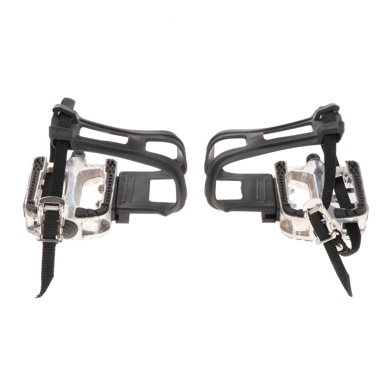 Bike Pedal with Straps and Toe Clips for Outdoor Cycling and Indoor Exercise Bike, Replacement Alloy Multipurpose Bicycle Pedals