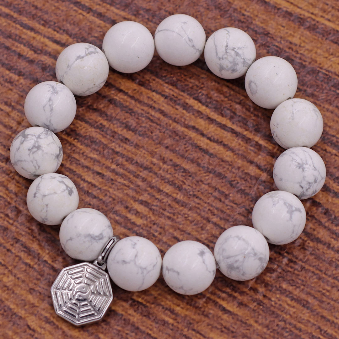 Vòng chuỗi đeo tay đá howlite charm bát quái inox, vòng tay hạt chuỗi, vòng chuỗi phong thủy, vòng tay nam nữ