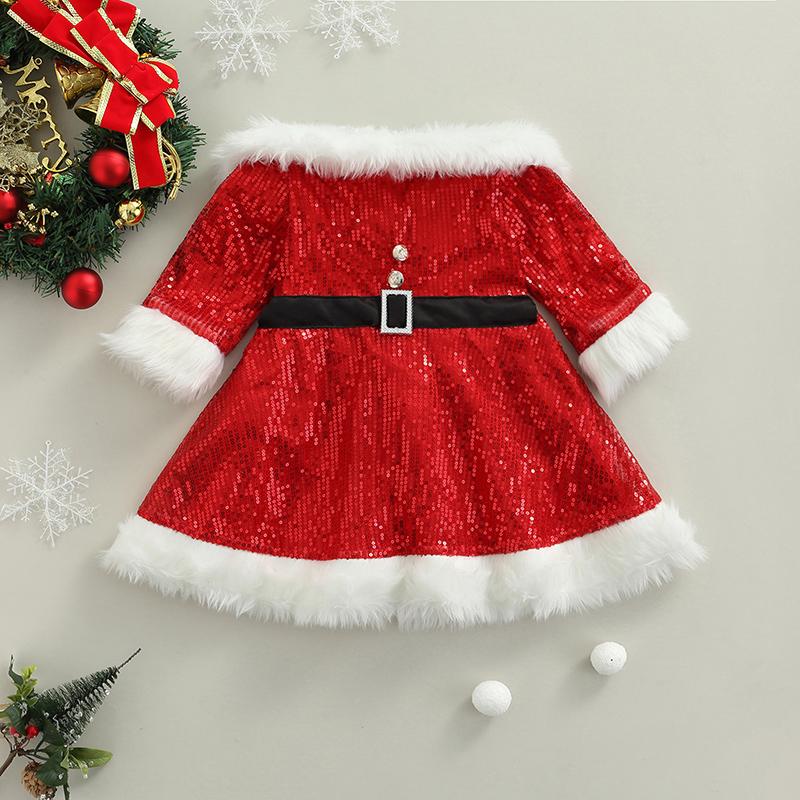 Citgeett Thu Giáng Sinh Trẻ Em Bé Gái Đầm Đầm Tay Dài Lệch Vai Đầm Dây Lưng Xmas Quần Áo