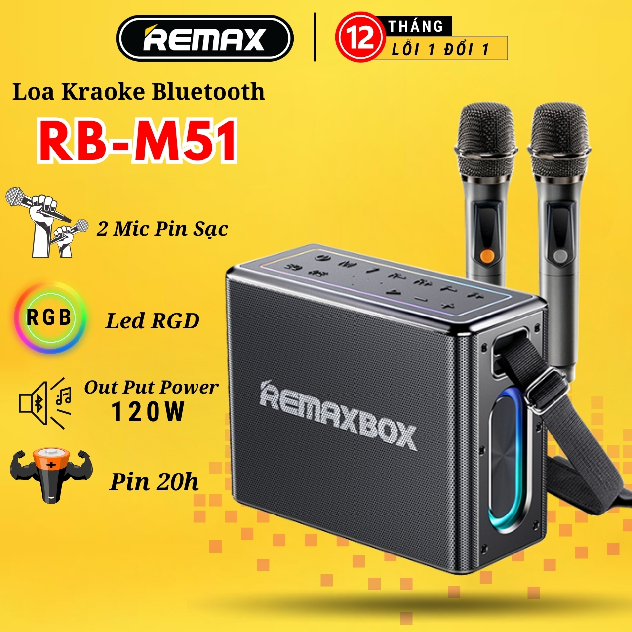 Loa Karaoke Bluetooth Remax RB-M51 Kèm 2 Micro không dây LED RGB hát Karaoke tại nhà, Âm thanh hay bass cực chuẩn - Hàng chính hãng