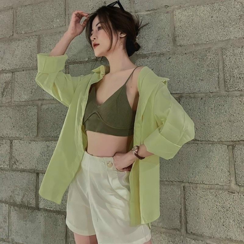 Áo Sơmi Mix Bra Kèm Short Sét Tông Xanh Trắng Siêu Xinh